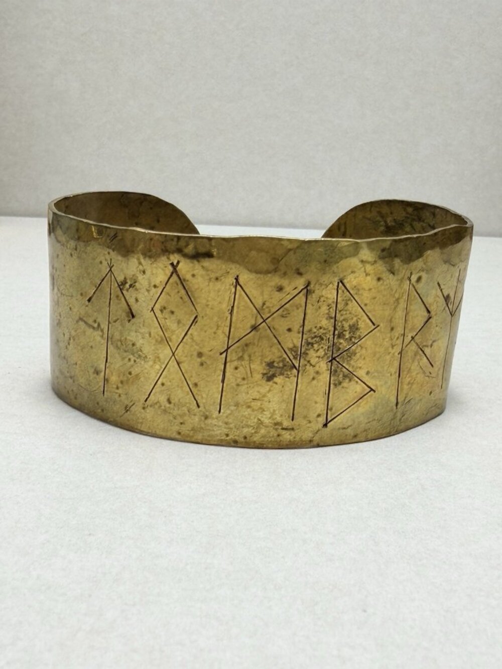 Vintage Brass Cuff Bracelet Engraved Symbols Wide Rustic Statement Rare